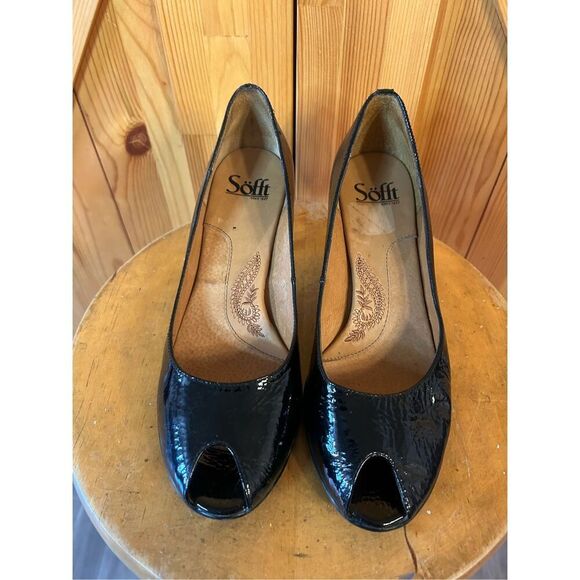Sofft Black Leather Slip On Heels Pumps Cushioned Comfort Shoes 8.5 Peep Toe - Picture 2 of 8